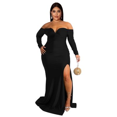 Plus Size Emerald Green Off Shoulder Long Sleeve Ruched Split Thigh Mermaid Maxi Dress