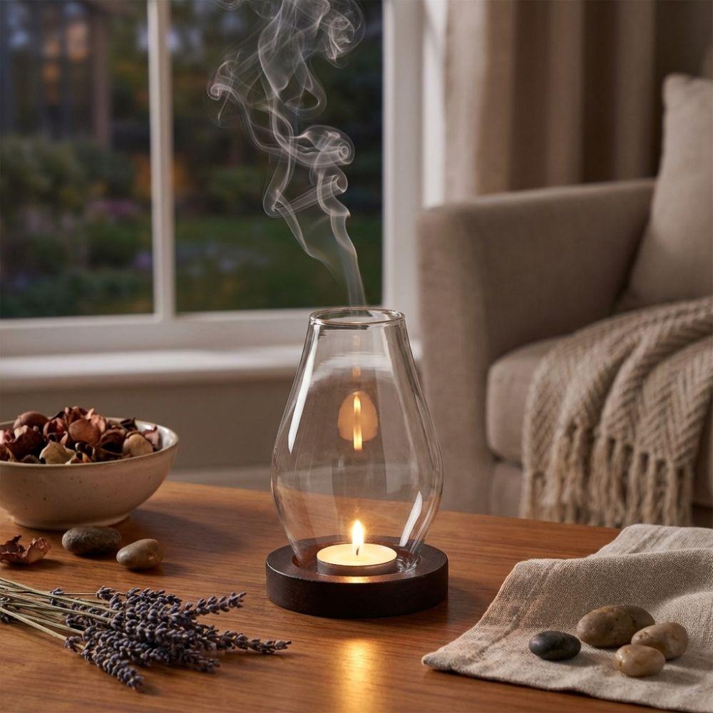 Windproof Tealight Cup Solid Wood Base Incenses Stove Lamp Unique Glass Candle Holder  Zen Ambiance