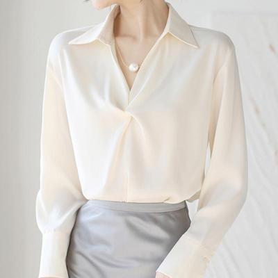Chemisiers Chemises Mode Manches Longues Col Revers Dame de Bureau Noir Blanc Chiffon Chemisier Chemise Hauts Femme J748