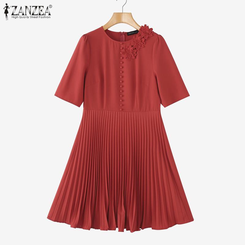 ZANZEA Women Casual Round Neck Summer Short Sleeve Pleated Dress