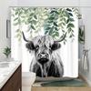 1 Highland Cow Green Leaf Shower Curtain Polyester Bathroom Decor Fluffy White Hair with Hook for Bathroom Decoration