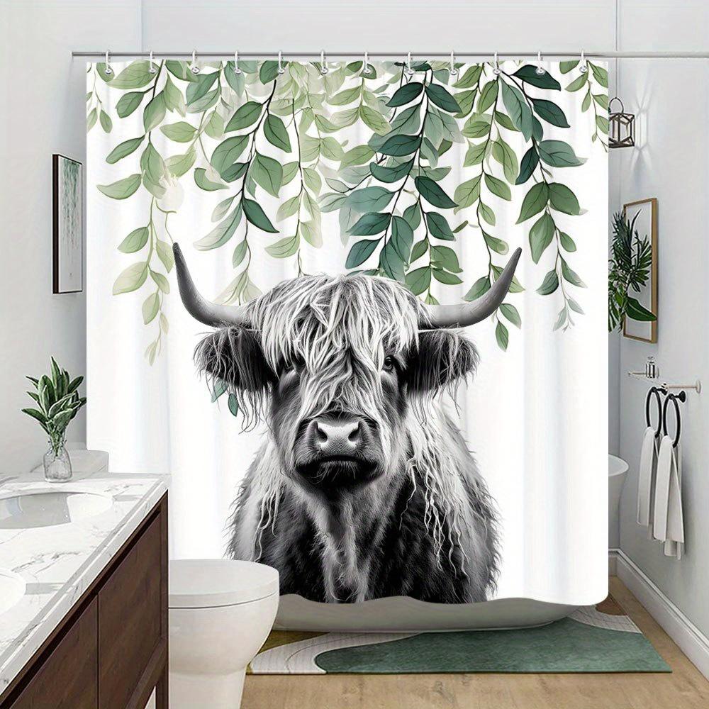 1 Highland Cow Green Leaf Shower Curtain Polyester Bathroom Decor Fluffy White Hair with Hook for Bathroom Decoration