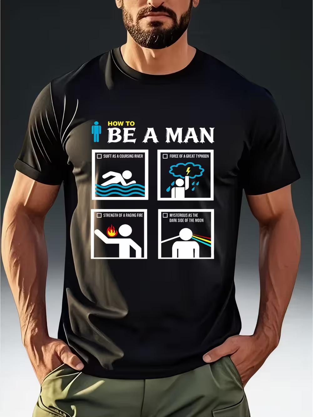 Men S Humorous Graphic T-Shirt Featuring The Parody  HOW TO BE A MAN  with Four Essential Elements M