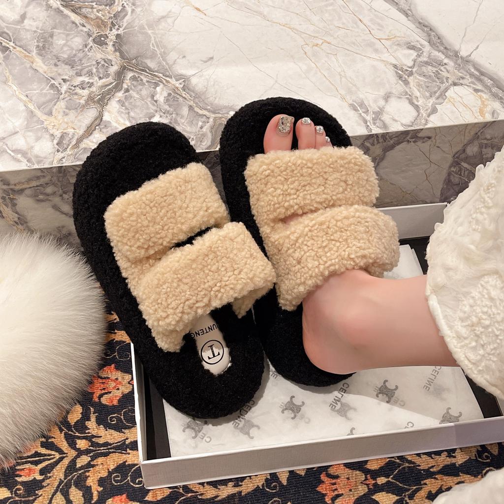 Fairy wind small fluffy slippers 2025 new autumn and winter French simple velvet heightened thick bottom one-word
