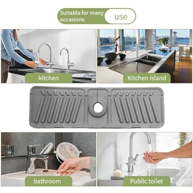 Silicone Faucet Drying Mat, Sloped Drainage & Organizer, Anti Slip Soap Storage Tray Kitchen Faucet Protector