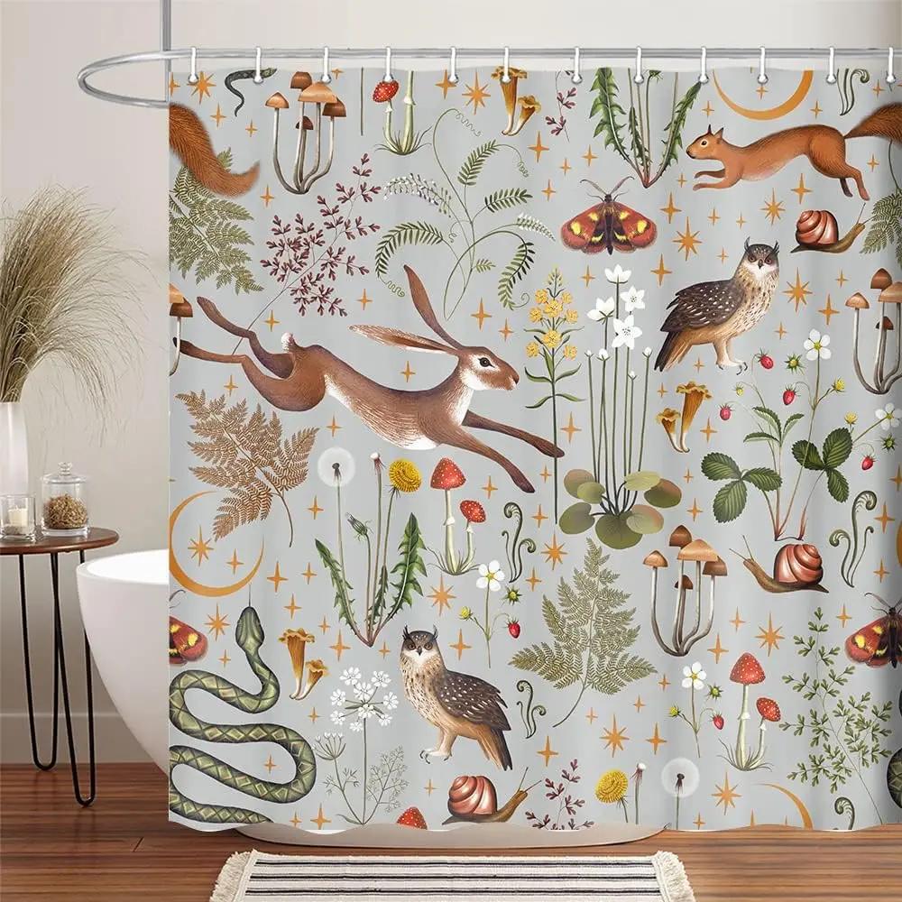 Fairy Village Forest Shower Curtain, Home Bathroom Decoration Woodland Wildlife Pattern Shower Curtain With Hook