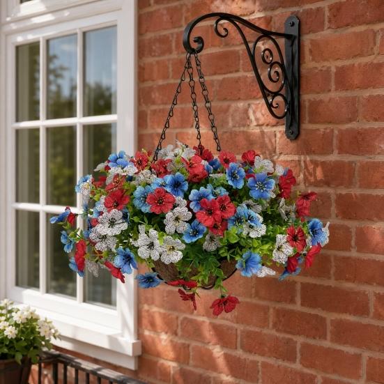 Artificial Hanging Flower with Basket for Outdoors, 4th of July Patriotic Faux Violet Flowers, UV Resistant Fake Plants for Outside Porch, Yard, Patio