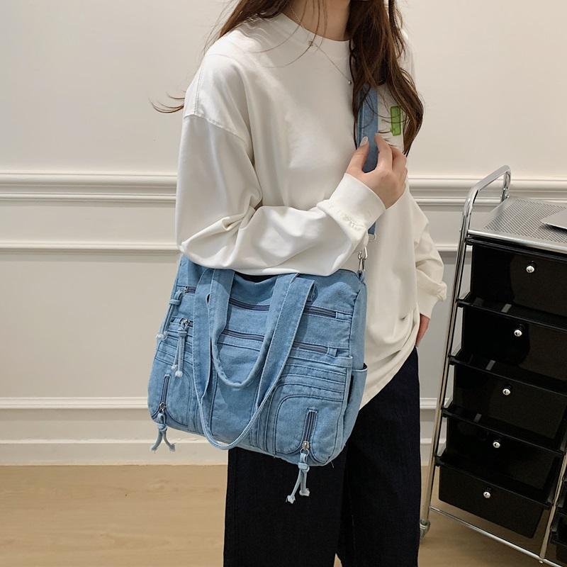 Gewaschene Denim-Umhängetasche mit mehreren Taschen und oberem Griff, verstellbarem Riemen, lässige Tragetasche für den täglichen Gebrauch