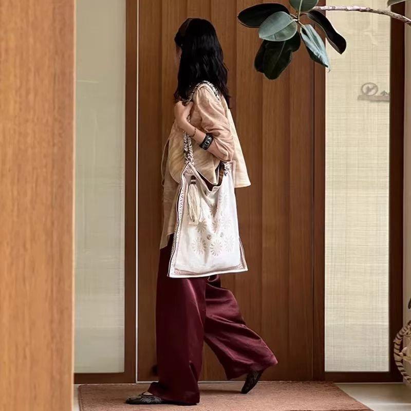 New niche design linen ethnic style bohemian shoulder messenger bag women's bag large capacity tote bag