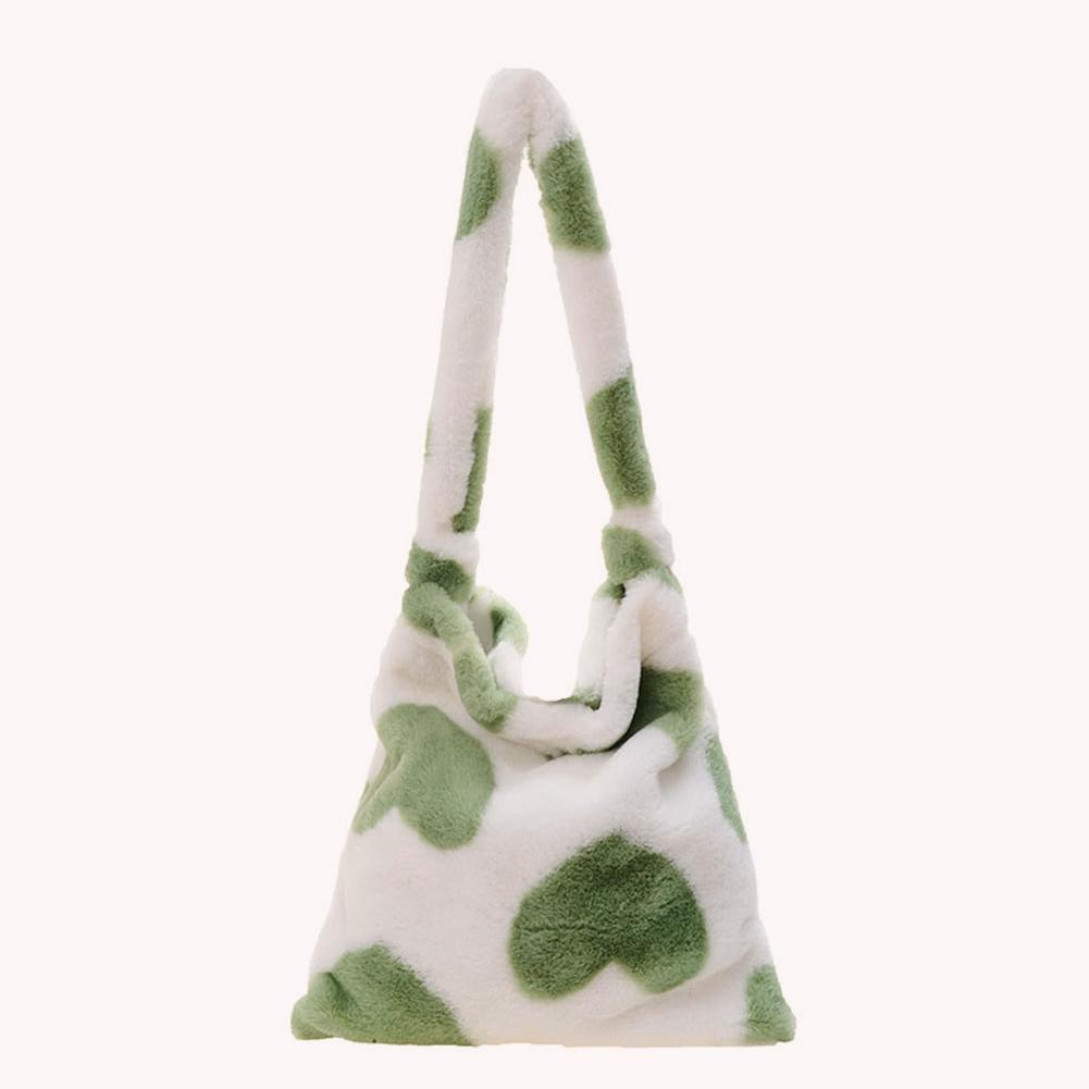 Female Fluffy Plush Heart Pattern Handbag Large Shoulder Bag (Green)