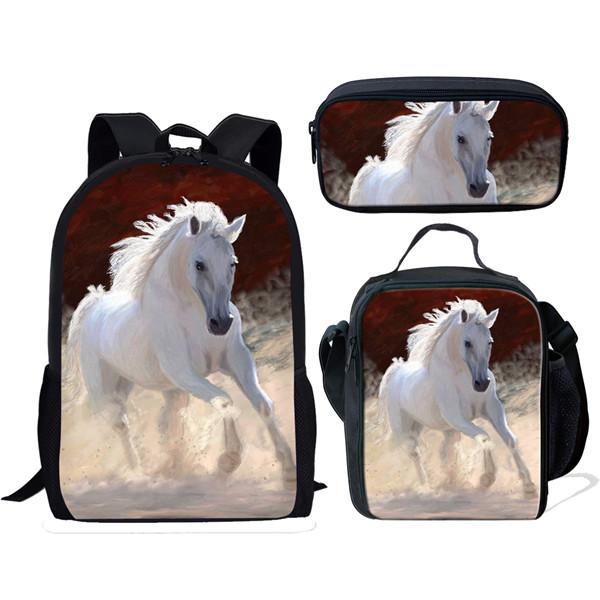 Klassisch Neuheit Lustig Cool Feuer Verrücktes Pferd 3D-Druck 3 Stück/Set Pupille Schultaschen Laptop Tagesrucksack Rucksack Lunchtasche Federmäppchen