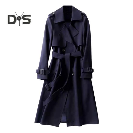 

Женская ветровка с отложным воротником, свободное однотонное пальто, двубортное с длинными рукавами, декорированное поясом, пальто средней длины с карманами, ветрозащитное женское L темно-синий