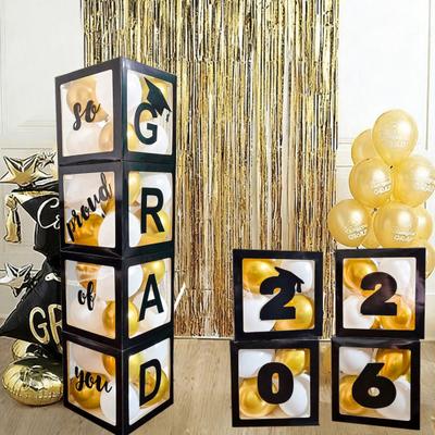 4 Pcs 2026 Grad Balloon Boxes Black Balloon Boxes with Letters So Pround of You Graduation Party Decoration