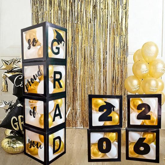 4 Pcs 2026 Grad Balloon Boxes Black Balloon Boxes with Letters So Pround of You Graduation Party Decoration