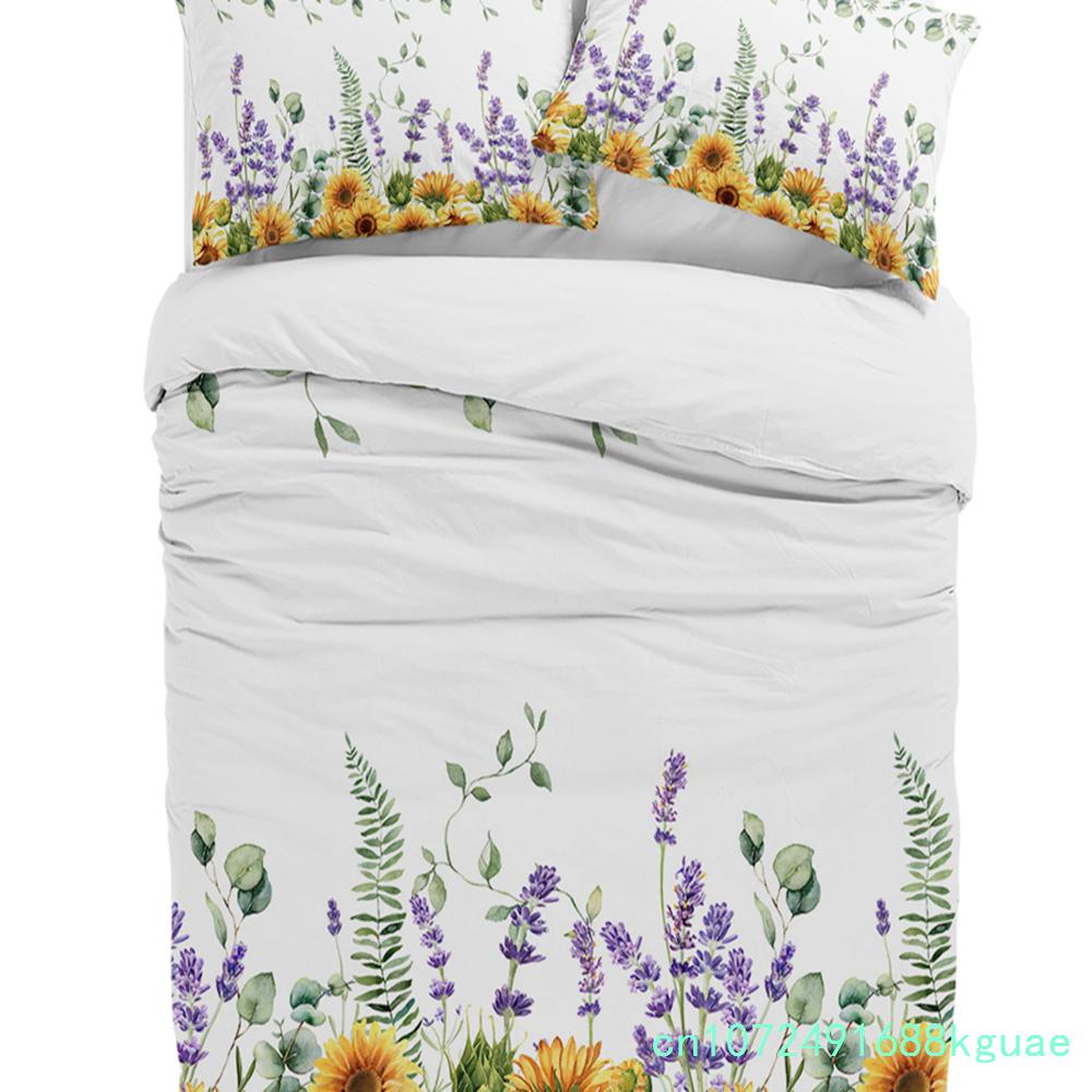 Fiori Selvatici Eucalipto Girasole Pianta Lavanda Set Biancheria da Letto 3 Pezzi per Letto Matrimoniale Tessile per la Casa Copripiumino Coperta Copricuscino
