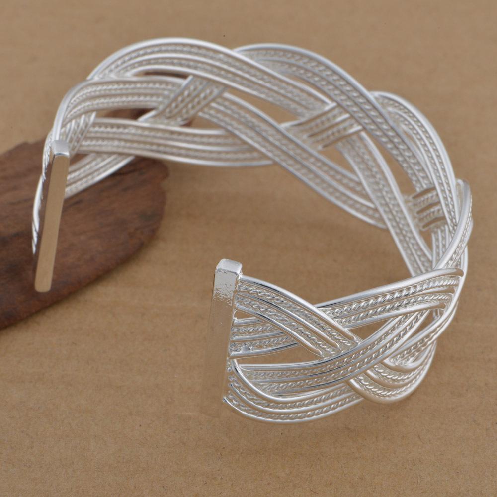 Women Vintage Woven Bracelet Silver Plated Copper Bangle Girls Ethnic Style Wristband Wrist Jewelry
