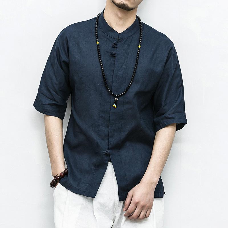 Men's Plus Size Chinese Style Linen Short Sleeve Shirt with Frog Buttons - Summer 2017 Collection