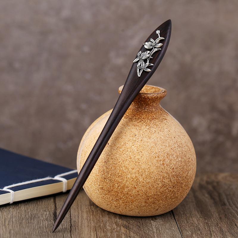 Original classical ebony meilan bamboo chrysanthemum hairpin female retro court simple temperament disc hair hairpin hairpin headgear