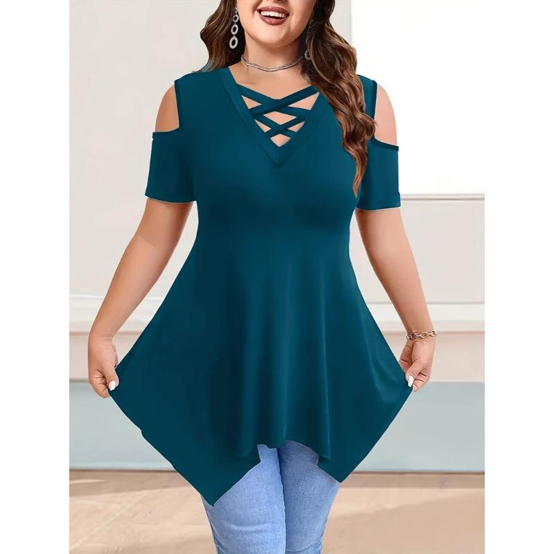 V-neck Cross-strapped Off-shoulder Short-sleeved Solid-color Women’s T-shirts