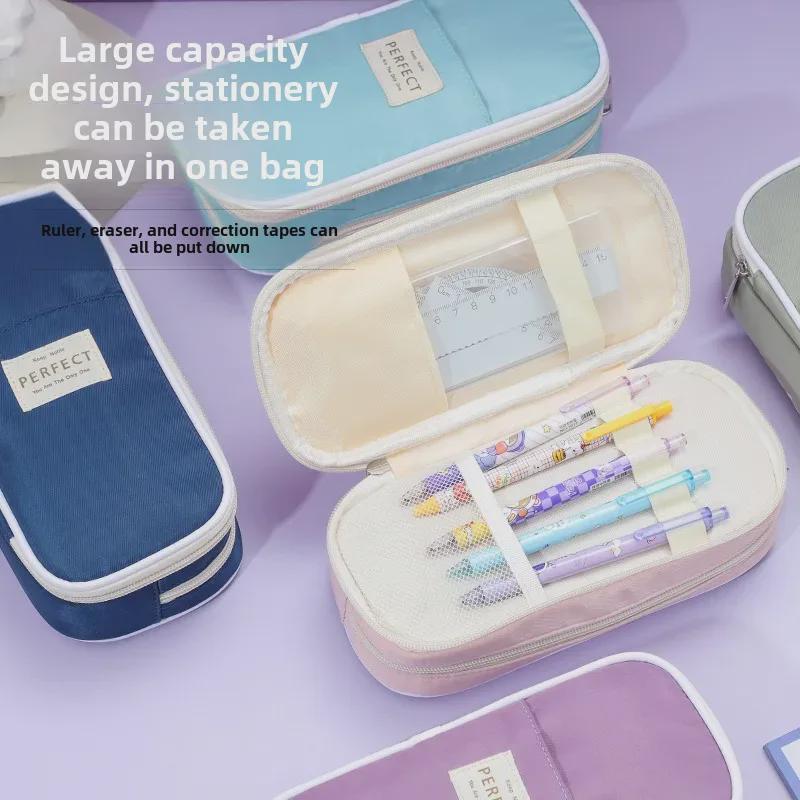 Double-Layer Macaron Composite Cloth Pencil Case with Large Capacity - Japanese & Korean Style, Multifunctional for Students