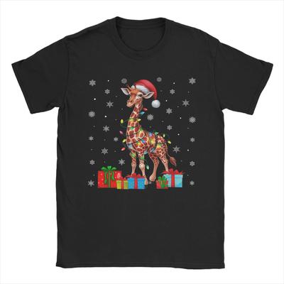 Girafa Luzes de Natal Feias Chapéu de Papai Noel Camisetas de Natal de Girafa para Homens Camiseta Gola Redonda Manga Curta Roupa Tamanho Plus