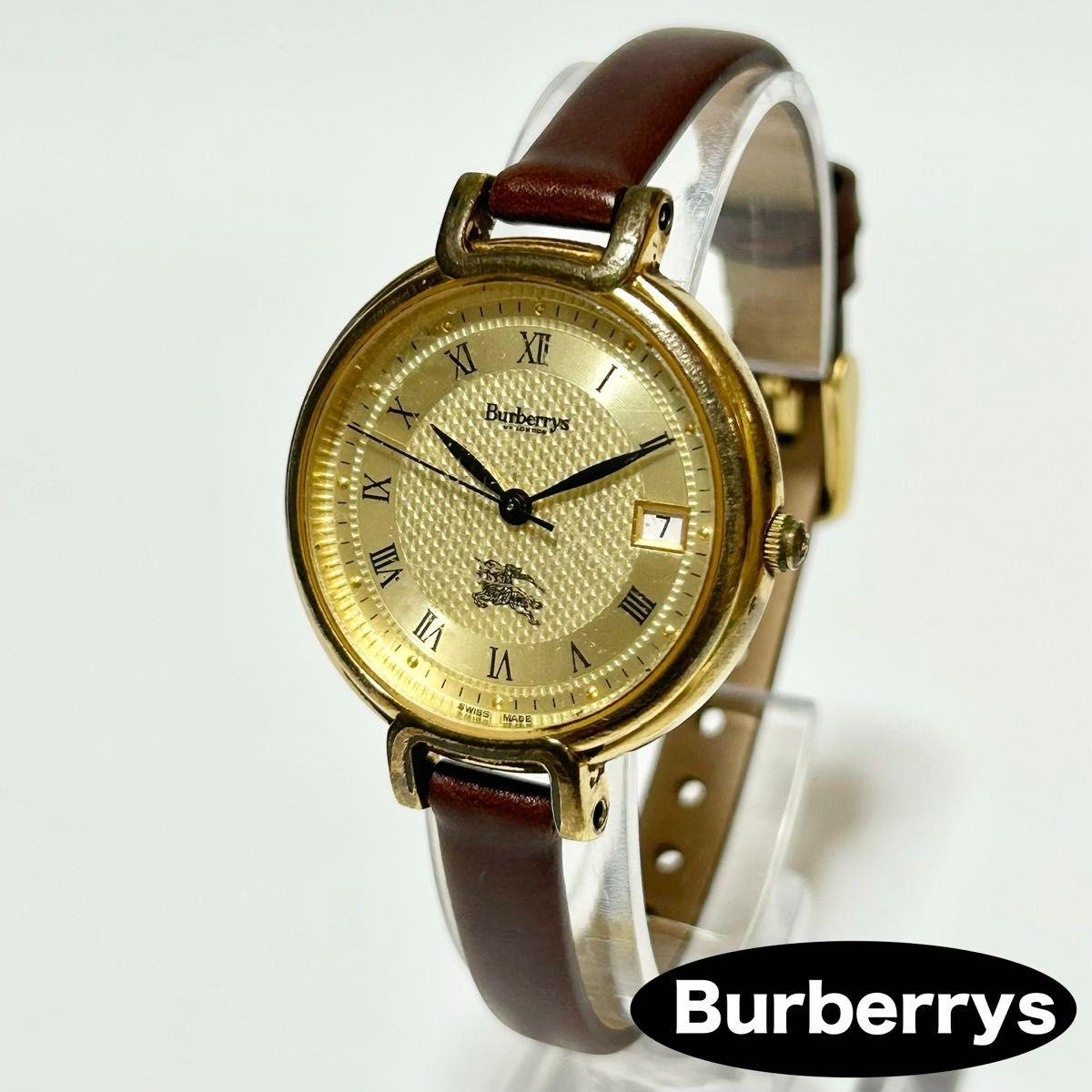 Used Burberrys Burberry QZ Quartz Gold Round Date Vintage Watch Working New Battery New External Belt
