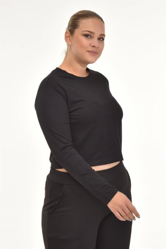 Damen Stil Übergröße T-Shirt Langarm Basic Crop T-Shirt-Schwarz