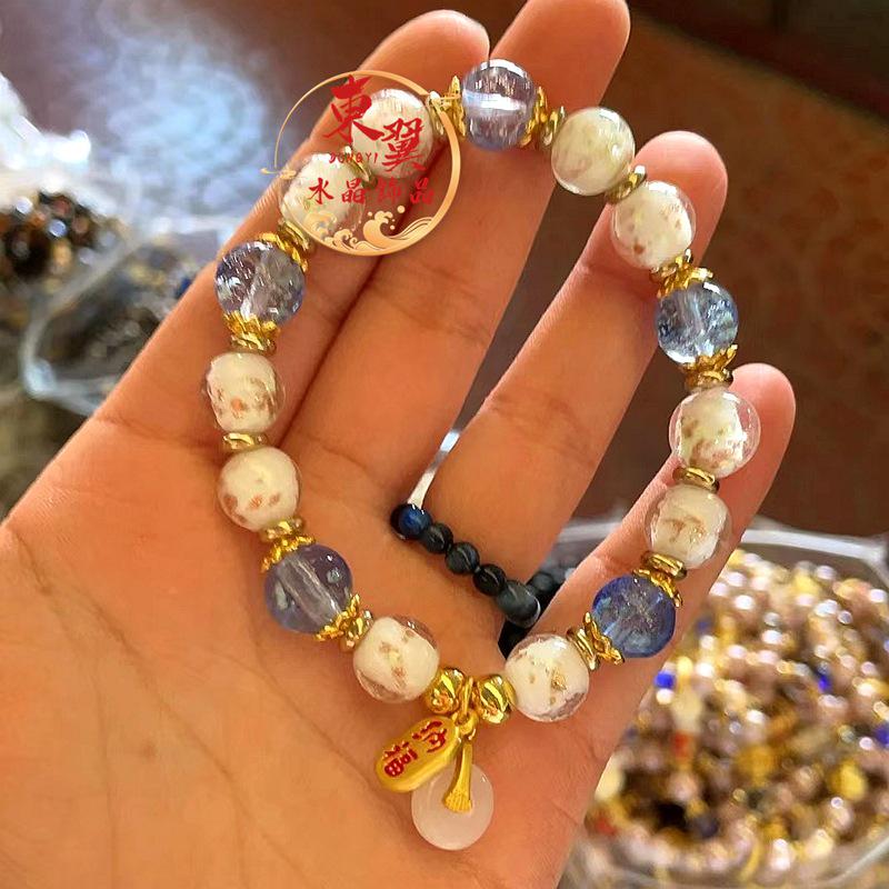 White & Blue Luminous Gold Sand Glazed Women s Ash Porcelain Bracelet with Ping An Buckle