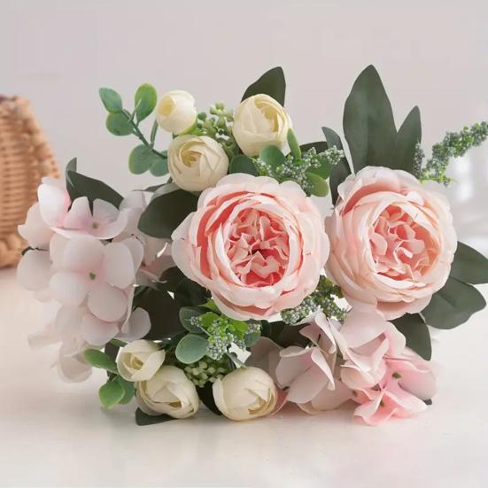 Yousheng Fake Roses Artificial Flower Bouquet Realistic Mixed Roses Peonies Dahlias with Stem for DIY Wedding Bridal Bouquet Baby Shower Home Table