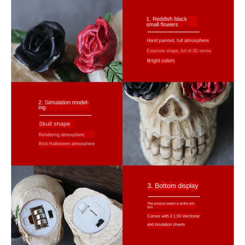 Glowing Skull Lights Skeleton Head Statue Ornament With Rose Led Decorations Lamp Halloween Horror