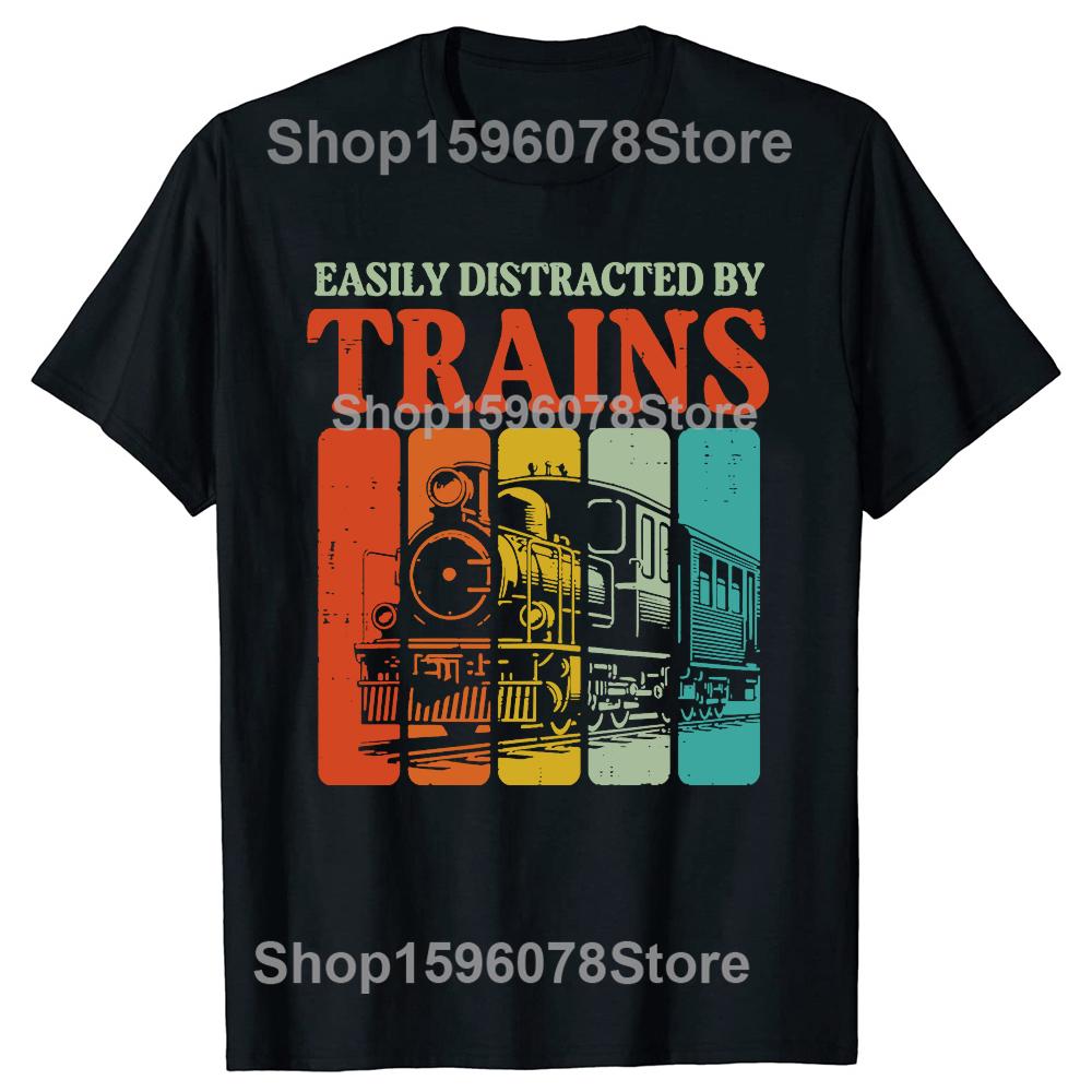Vintage Easily Distracted By Trains Funny Graphic Tshirt Men Women Hip Hop Oversized T Shirt 100 Cotton Comfort Tshirts