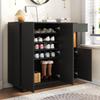 Shoe Cabinet with One Drawer and Adjustable Shelves In Black and Wood Is Perfect for Modern Hallways. It Offers Space for 14–18 Pairs of Shoes.
