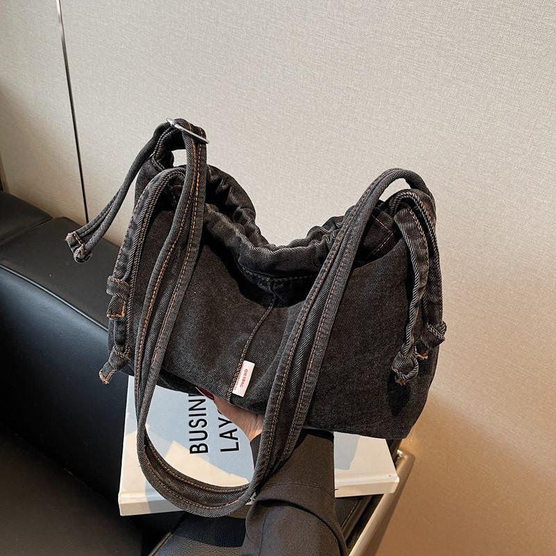 Casual Denim Crossbody Bag For Women With Drawstring Switch And Soft Material For Daily Wear