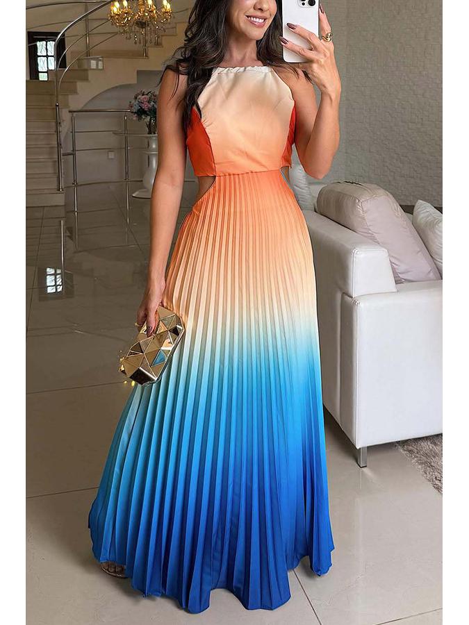 2025 European & American Gradient Sleeveless Backless Pleated Dress
