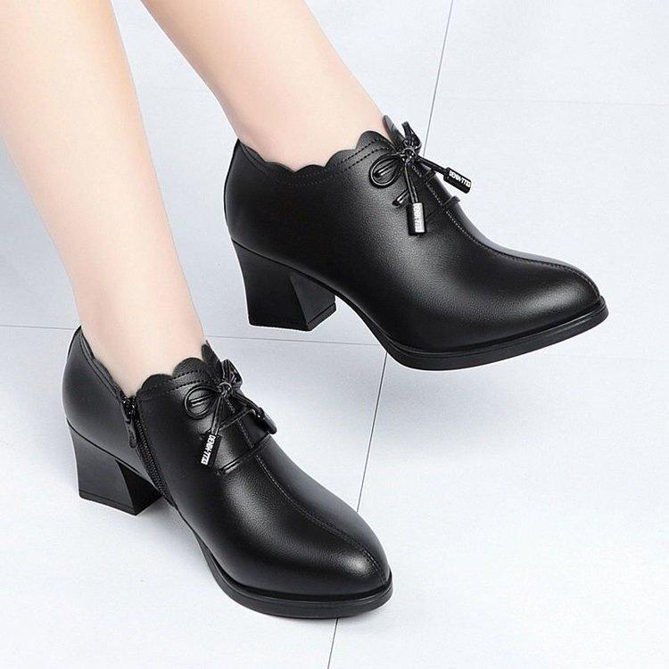 2025 autumn new deep mouth single shoes women's mother shoes soft sole thick heel women's shoes bow women's middle heel leather shoes