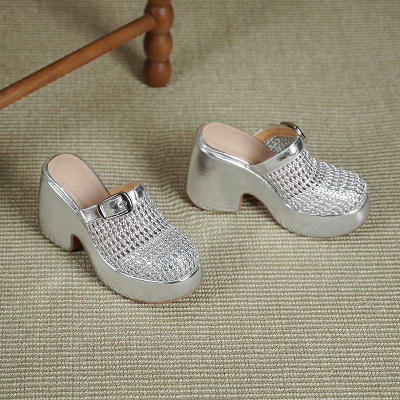 10.5CM Ultra-high Heel Thick Bottom Hollow Bag Head Slippers Summer New Round Head Thick Heel One Pedal Casual High Heel Drag
