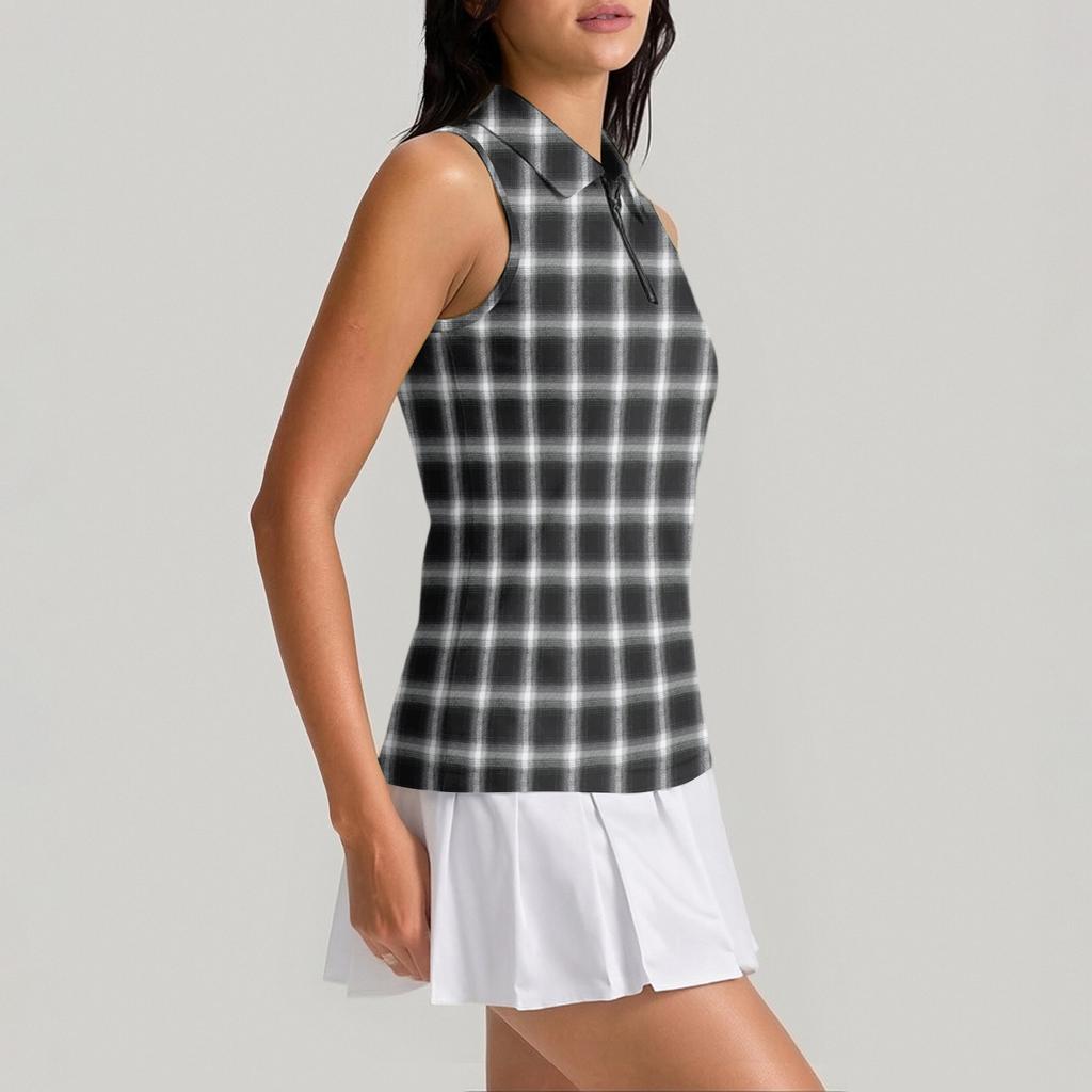 Women Sleeveless Golf Polo Shirt Zip Collar Plaid Print Athletic Tank Top for Sports and Outdoor Activities