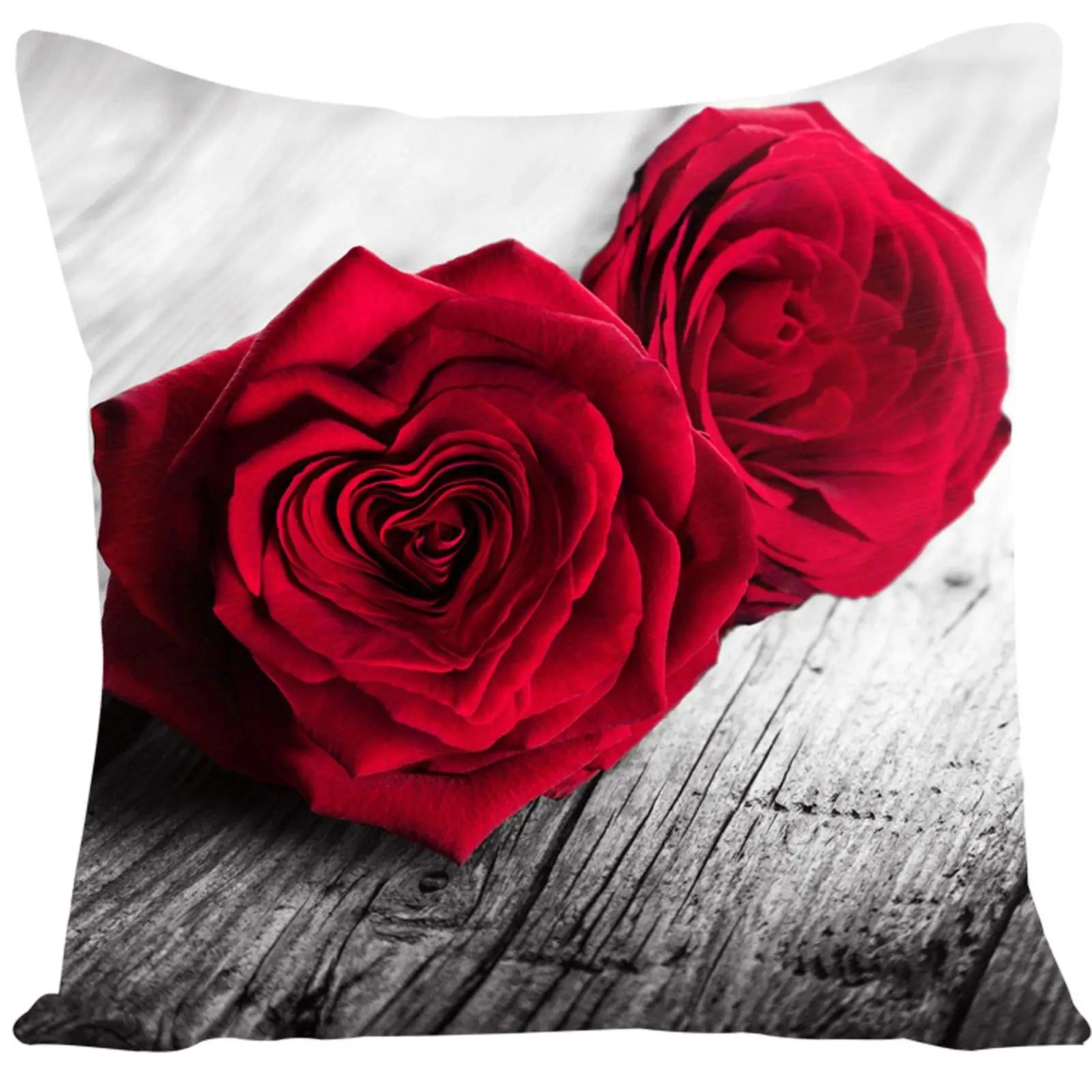 

Poetic Red Rose Flower Print Polyester Pillowcase Sofa Cushion Cover Home Improvement Decor Square 45x45 16x16Inch