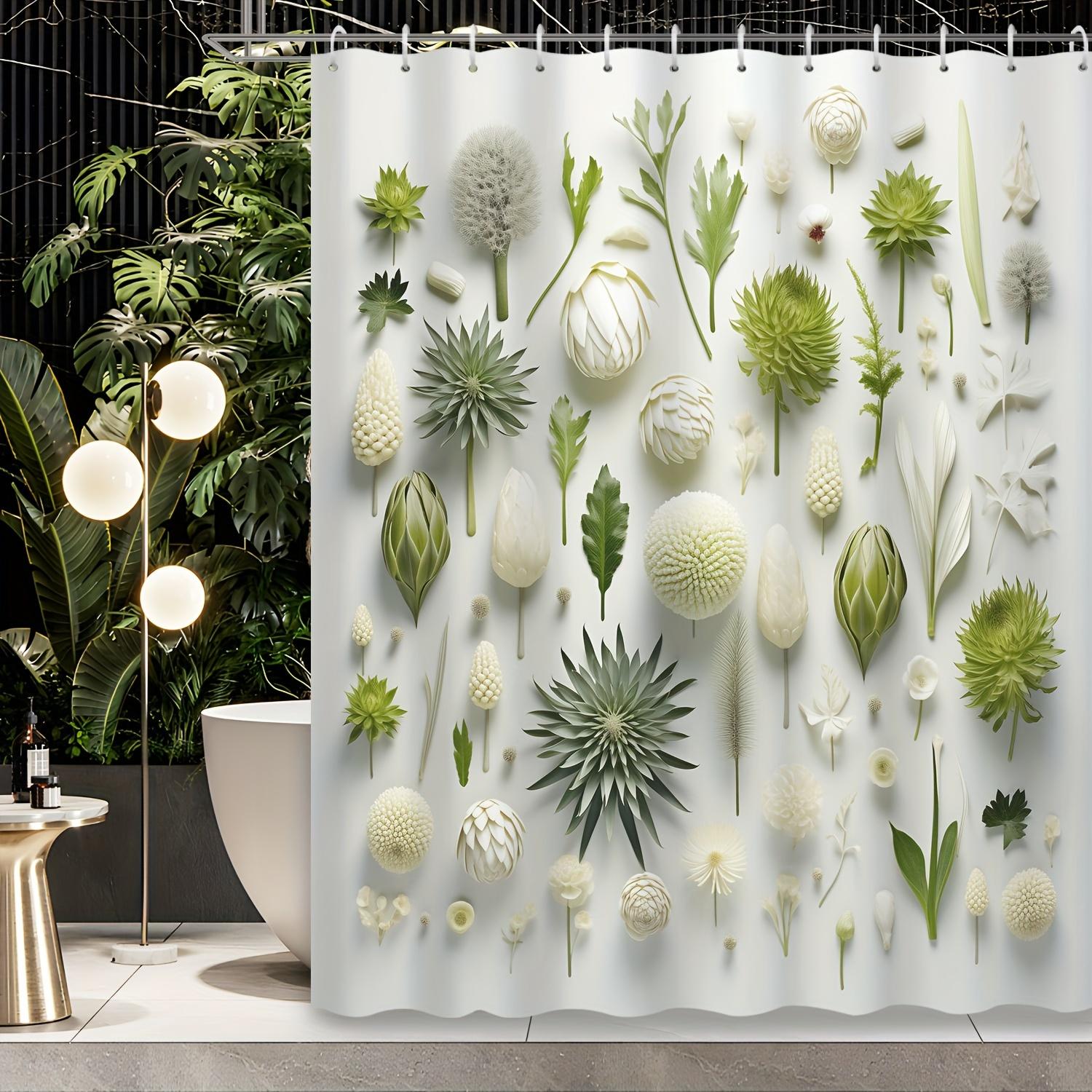 

1Pc Green Plant Buds And Leaves Shower Curtain, Printed Shower Curtain With Hooks, Polyester Fabric, Machine Washable W60H190(CM)-1 Pcs
