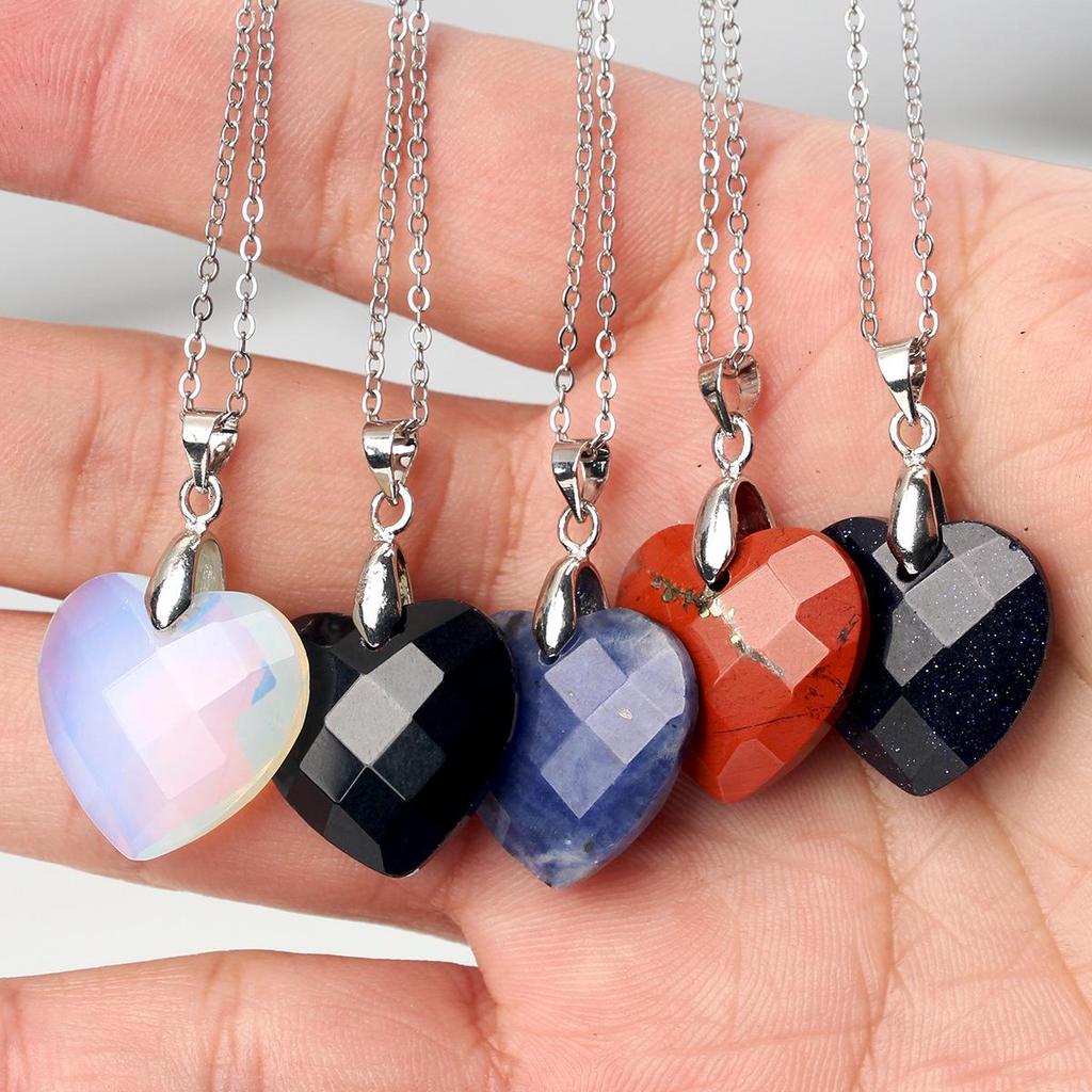 Valentine's Day Crystal Heart Pendant Necklace for Women, Natural Stone & Titanium Steel