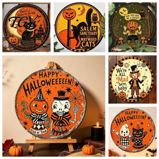 Wall Mounted Metal Decor Retro Halloween Sign, Round Decorative Vintage Illustration Sign Rustic Art for Living Room Party Decoration Festive