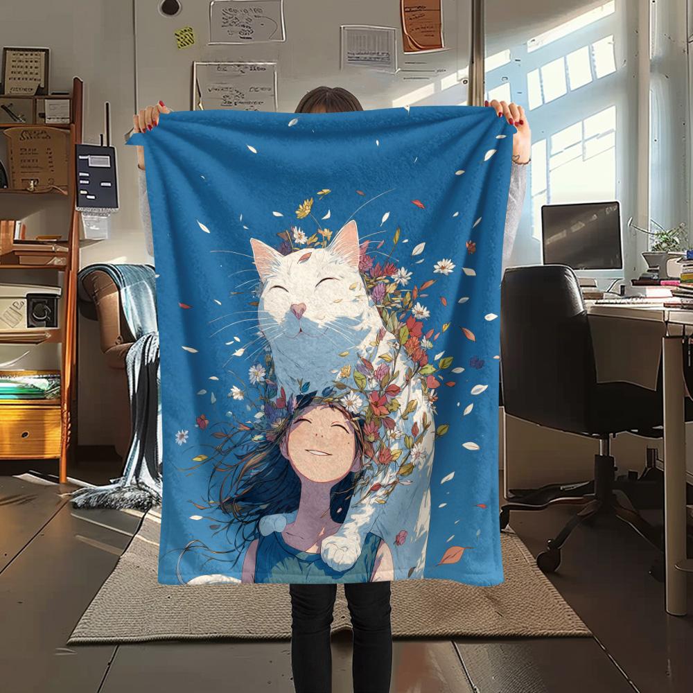 Cat Women Print Flannel Blanket, High quality Comfortable for All Seasons, Home Decor, Warmth and Comfort