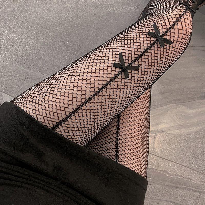 Sexy Hollow Out Transparent Slim Fishnet Pantyhose Women Bow Black White Tights Gothic Lolita Jk Cute Bowknot Mesh Stockings