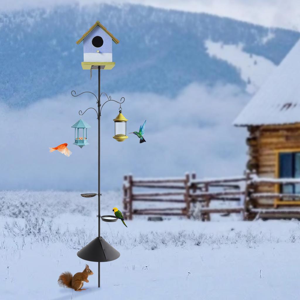 Bird Feeding Station Pole, 4 Hooks & 2 Removable Trays, Adjustable Height up to 76 Inches with Anti-Sway Base and Squirrel Guard