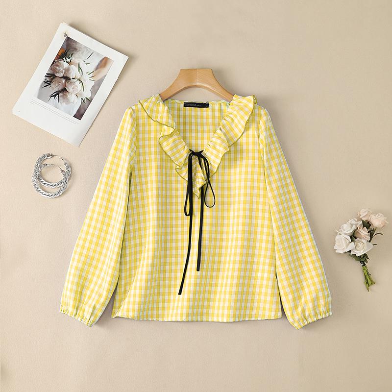 ZANZEA Women Casual Ruffles V-Neck Loose Long Sleeve Grid Print Blouse M