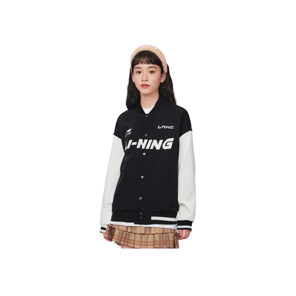 Li Ning Sports Lifestyle Series American Vintage Street Style Spliced Single-Breasted Long Sleeve Baseball Jacket Unisex Jacket Black AWDU779-2