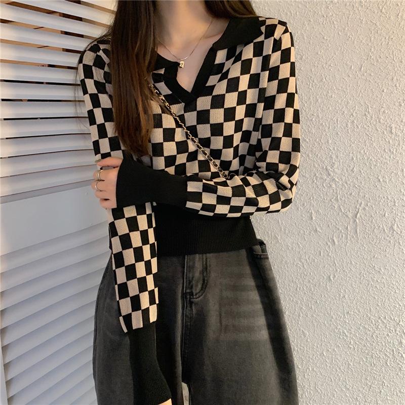 

Осенняя вязаная нижняя рубашка в клетку с короткими рукавами и лацканами, женский верхний свитер One Size