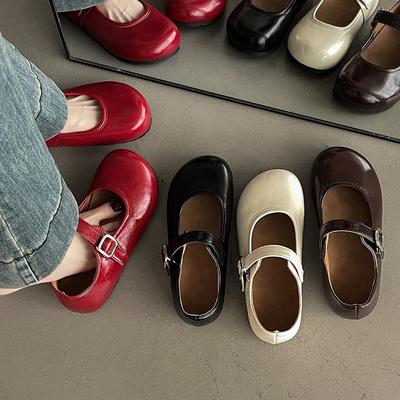 Retro Round Head Cute Shallow Mouth Single Shoes Women's Spring and Summer New Versatile One-word Buckle Small Leather Shoes