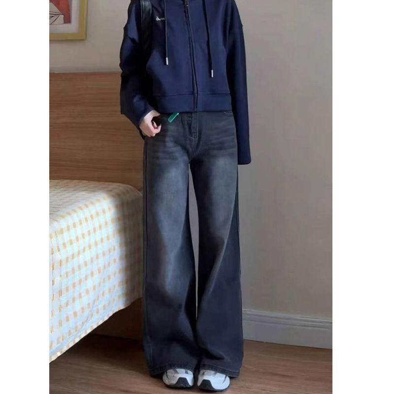 Women's Black-Grey High-Waisted Wide-Leg Denim Jeans, Spring/Autumn 2026, Junior High/High School, Slimming, Floor-Length
