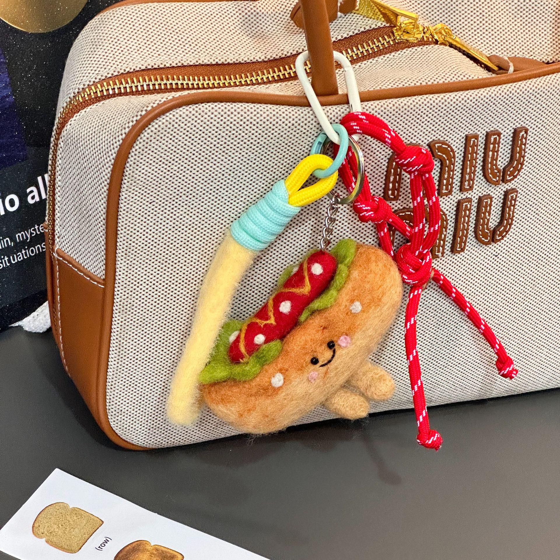 Trendy Handmade Wool Felt Hot Dog Plush Keychain Ornament
